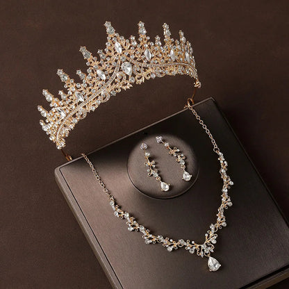 Bridal Wedding Jewelry 4-piece Set, Alloy Crystal Crown&Crystal Necklace&Earrings Women's Classic Wedding Tiaras Good Vibrations