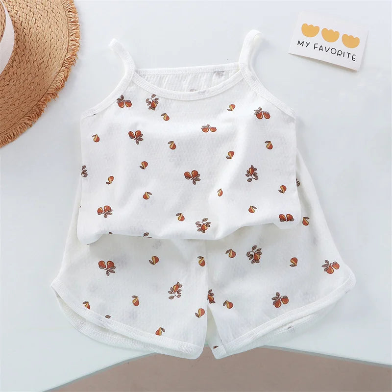2026 New Kids Tops+shorts Set Summer Thin Baby Cotton Vest Sleeveless Loungewear Set for Girls Suit Good Vibrations