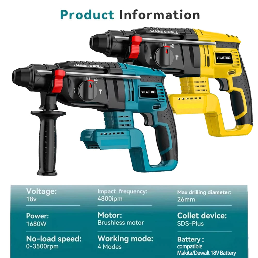 VILASTING 26MM Brushless Electric Hammer Drill Multifunctional Rotary Cordless Power Tools For Makita/Dewalt 18V Battery Pin Good Vibrations