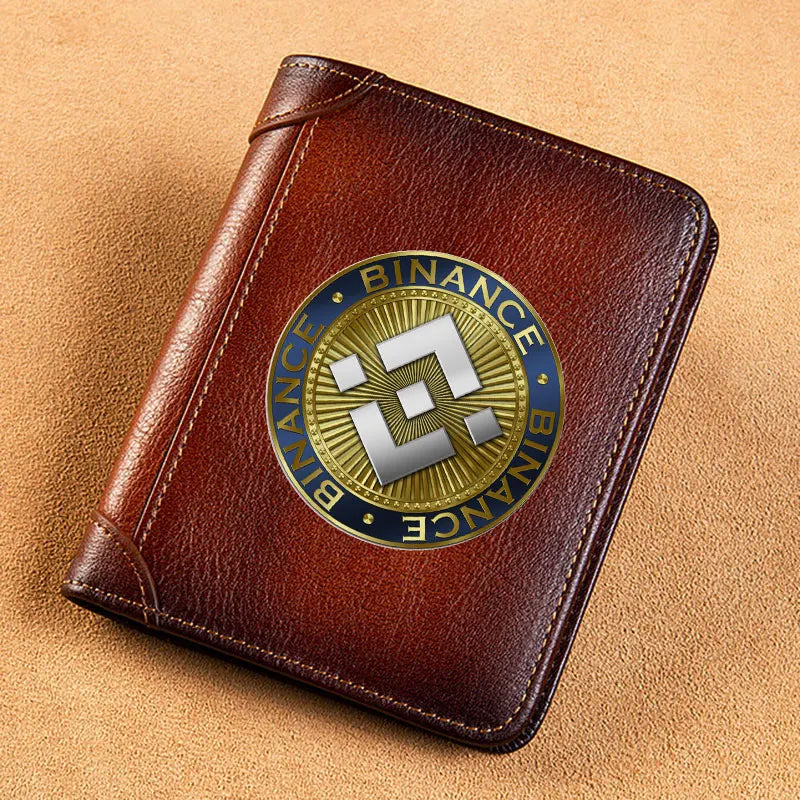 High Quality Genuine Leather Men Wallets Golden Bitcoin Sign Printing Short Card Holder Purse Billfold Men's Wallet BK1003 Good Vibrations