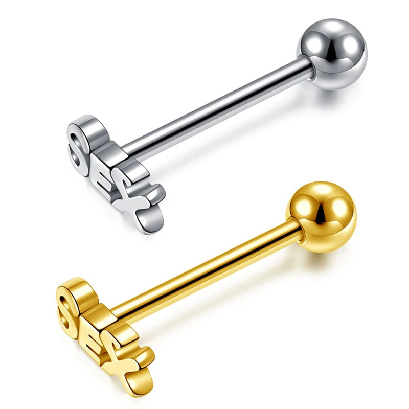 WKOUD 16G Tongue Percing Labret Bar Lip Ring Stainless Steel Sex Blasting Leveraged Tongue Rings Sexy Body Piercing Jewelry Good Vibrations