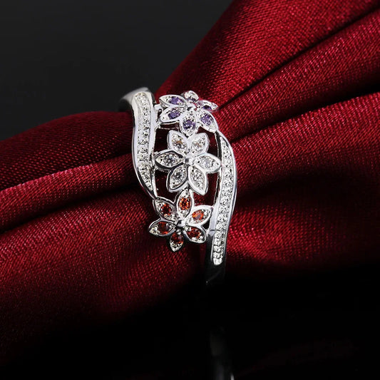 Charm 925 Sterling Silver Rings For Women color crystal flower size 6/7/8/9 Fashion Party Gifts Girl student wedding Jewelry Good Vibrations