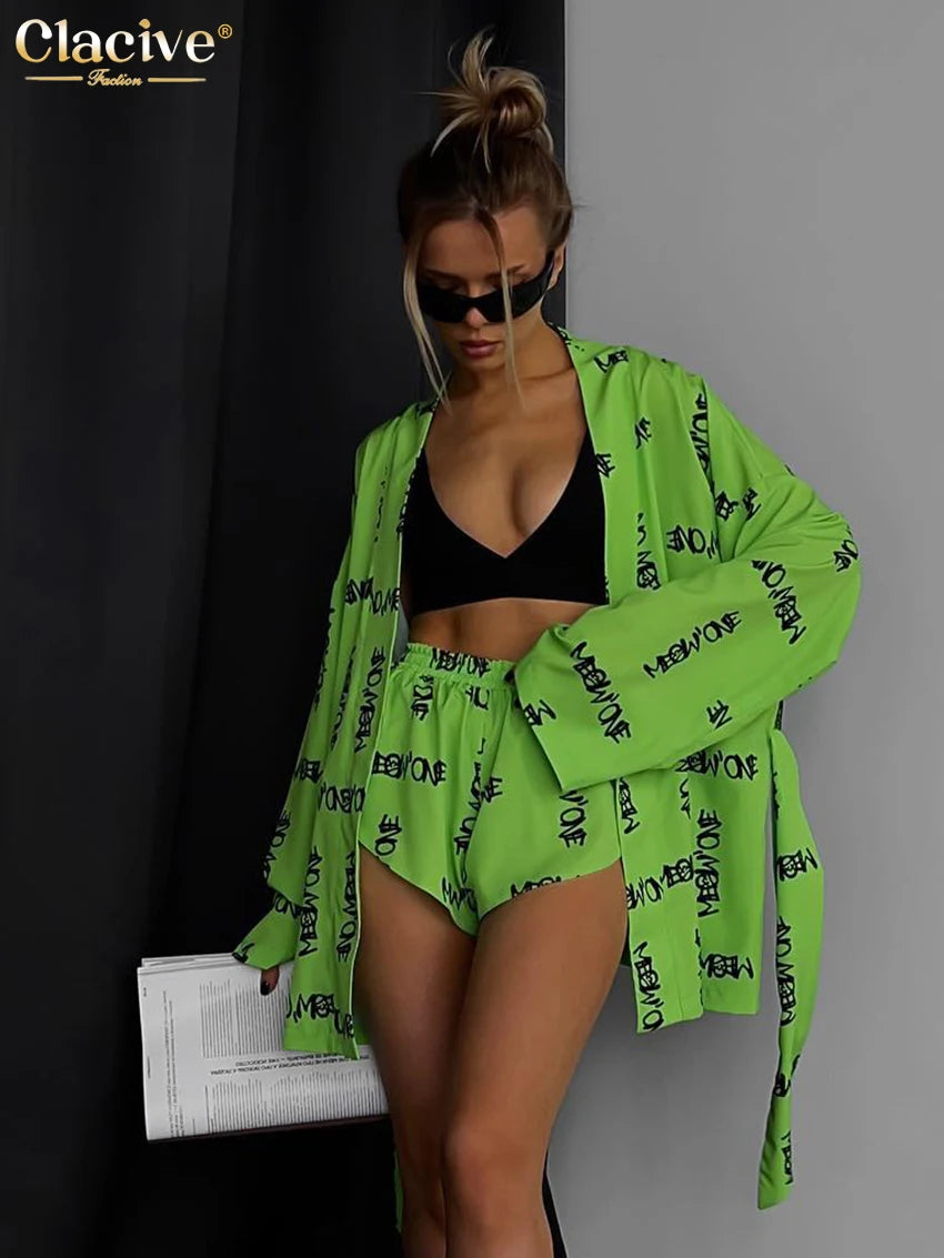 Clacive Fashion Loose Print 2 Piece Sets Womens Outfits Casual Lace-Up Long Sleeve Robes With High Waist Shorts Set Homewear Good Vibrations