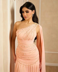 Customized  High Quality Floor-length Wedding Party Dress One Shoulder Wrinkle Pink Sweet Zipper Sleeveless Prom Dresses Beaded Good Vibrations