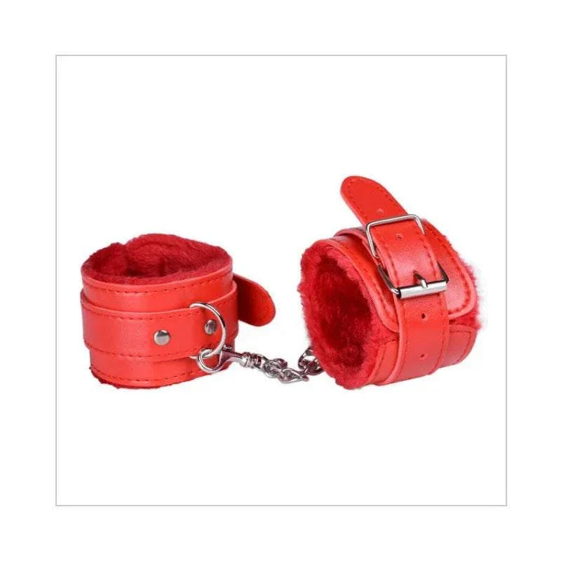 Red soft plush BDSM ankle cuffs for adult games.