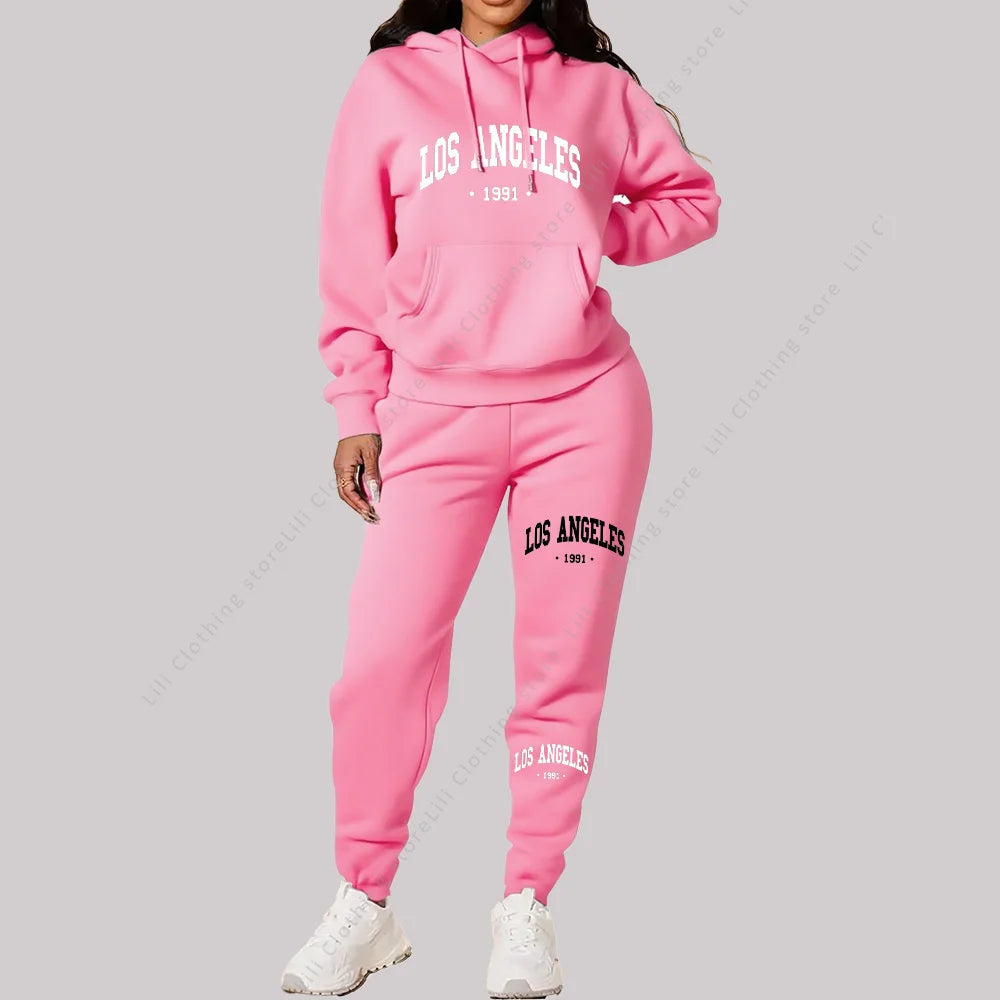Women Sets Hoodies Pants 2 Piece Outfits Aesthetic Sportswear Sweatsuit Los Angeles Letter Print Suit Ladies Tracksuit Plus Size Good Vibrations