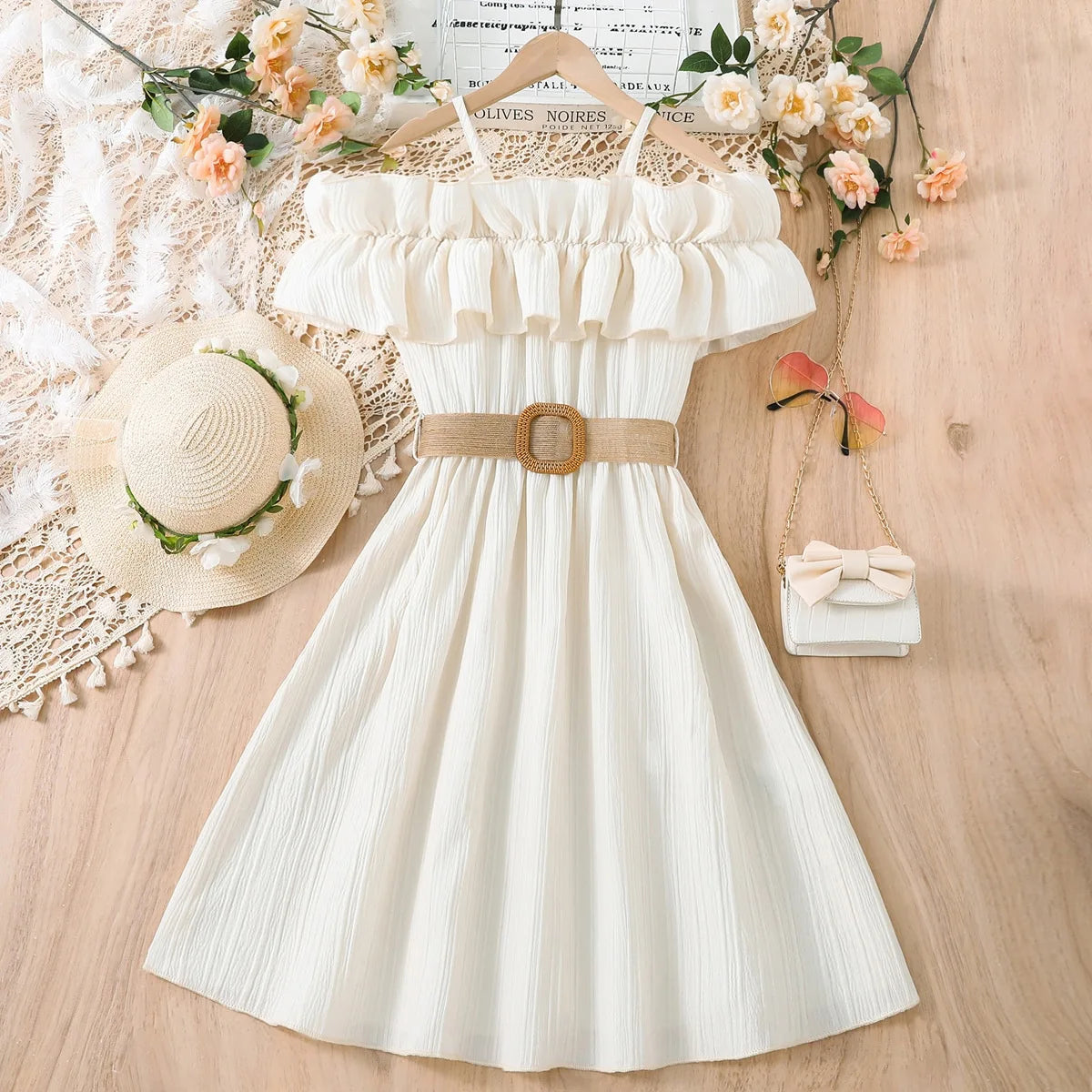 Prowow Girls Party Dresses Sleeveless Belted Halter Neck Hem Dress Holiday Beach Children's Clothing Teenagers Dress For Girls Good Vibrations