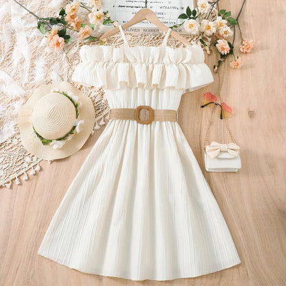 Prowow Girls Party Dresses Sleeveless Belted Halter Neck Hem Dress Holiday Beach Children's Clothing Teenagers Dress For Girls Good Vibrations