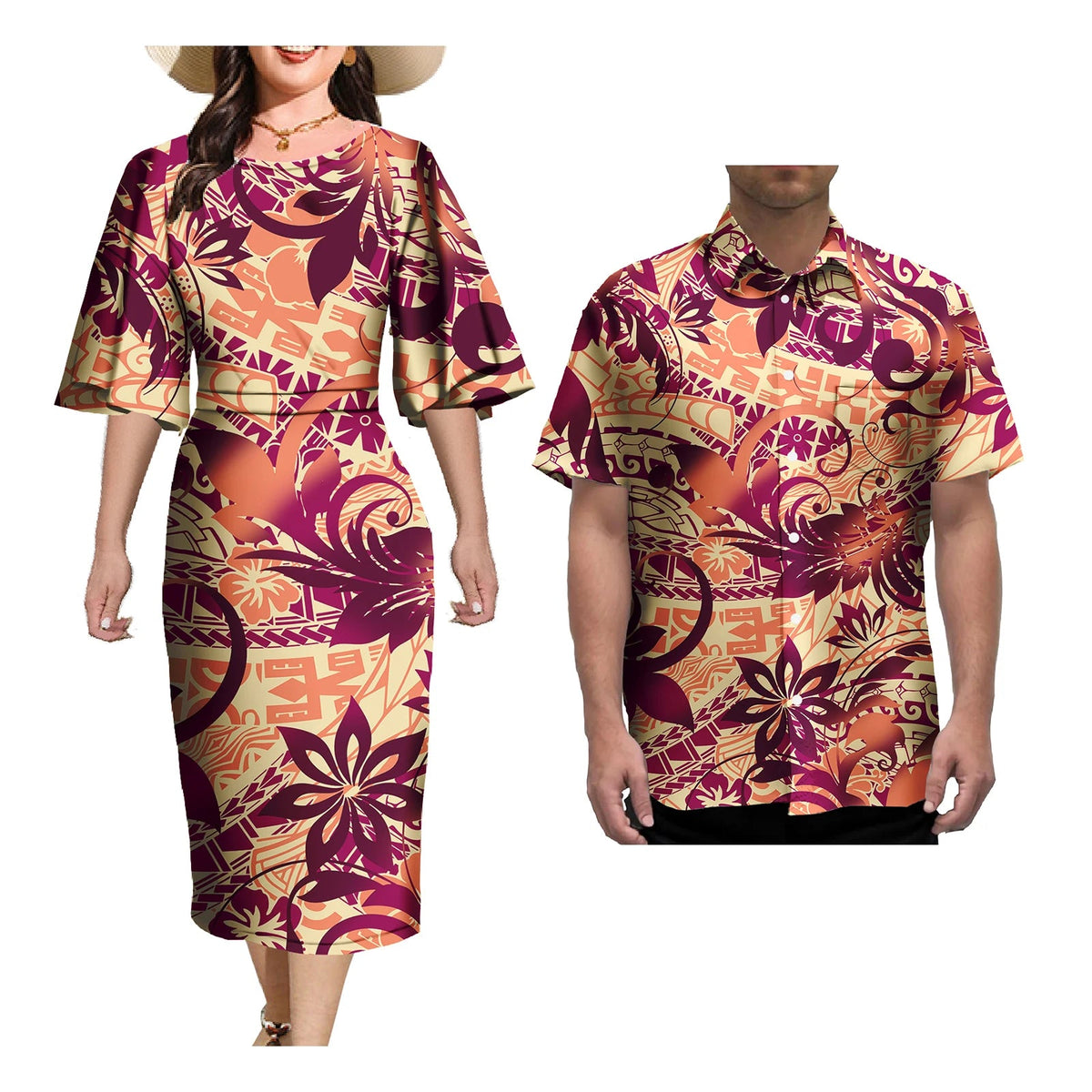 Couple Outfit Sets Elegant Dresses Women Sexy Skirt Samoa Tattoo Printed Polynesian Casual Dress Matching Men Shirts Good Vibrations