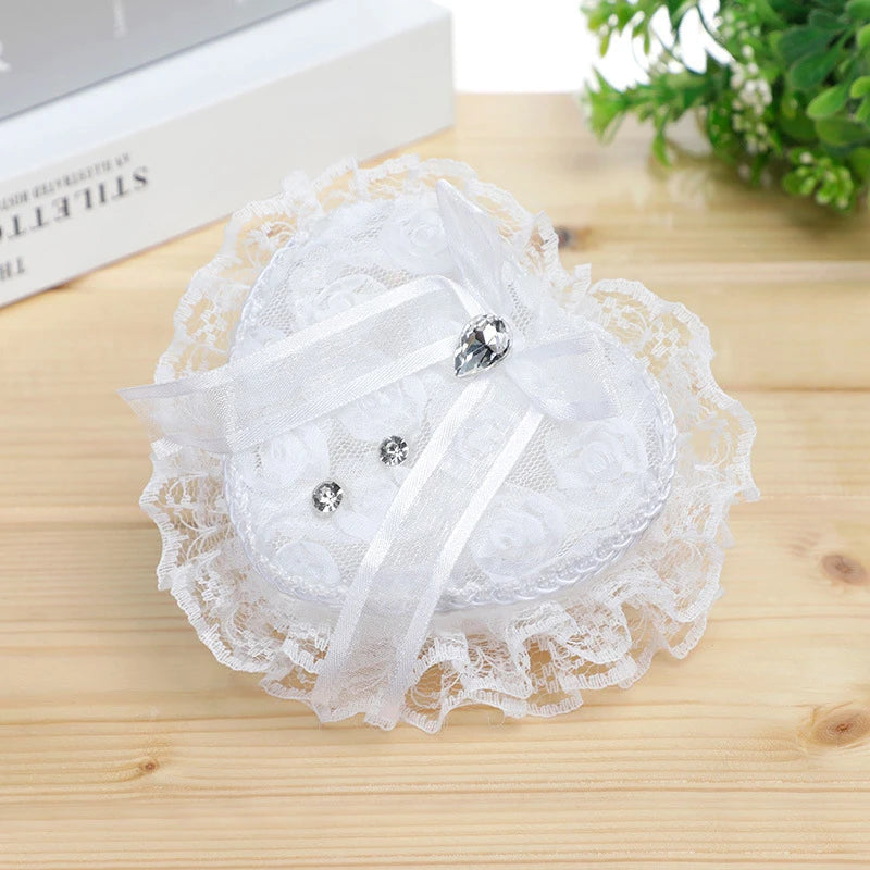 Ring Box Heart Wedding Lace Holder Pillow Ceremony Pillows Jewelry Bearer White Shape Boxes Pearl Rhinestone Case Love Proposal Good Vibrations