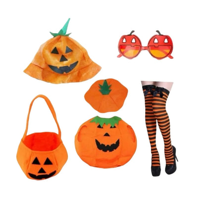 Halloween Adult Pumpkin Costume Set - Pumpkin Clothes Headband Pumpkin Tote Bag Glasses and Long-leg Socks Party Supplies Good Vibrations
