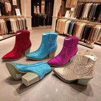 Ankle Boots for Women Luxury Full Diamond Chelsea Boots Western Cowboy Y2k Fashion Wedges Pointed Toe Zipper Women Heels shoes Good Vibrations