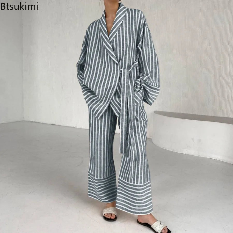 Women's Two-piece Set  Autumn New Striped Long-sleeved Loose Lace-up Top High-waisted Trousers Fashion Casual Suit for Women Good Vibrations