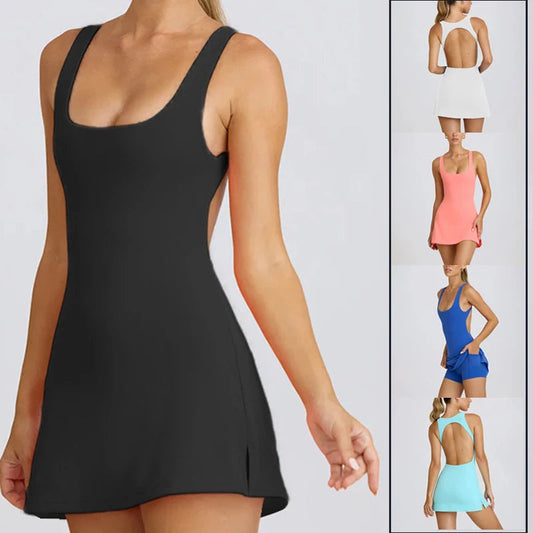 Tennis Dress Women Quick Dry Backless Golf Sport Skirts Set Sleeveless Slim Fitness Yoga Dress with Inner Shorts Sportswear Good Vibrations