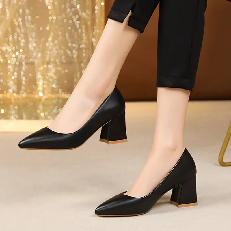 Women High Heel Pumps 2025 Thick Heels Women Shoes Solid Color Pointed Toe High Heel Office Shoes New Woman Shallow Casual Shoes Good Vibrations
