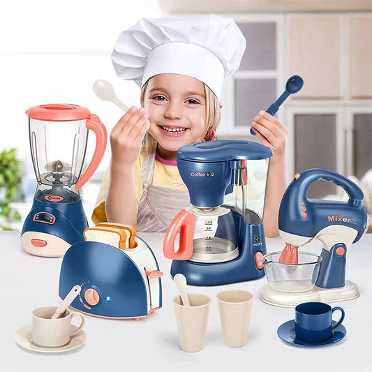 Mini Household Appliances Kitchen Toys Pretend Play Set with Coffee Maker Blender Mixer and Toaster for Kids Boys Girls Gifts Good Vibrations