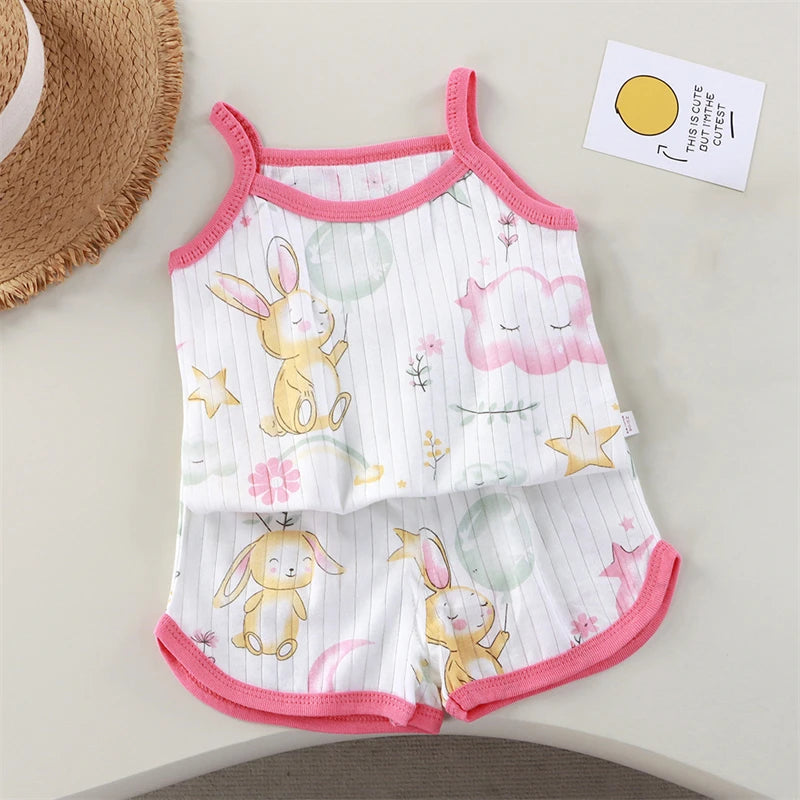 2026 New Kids Tops+shorts Set Summer Thin Baby Cotton Vest Sleeveless Loungewear Set for Girls Suit Good Vibrations