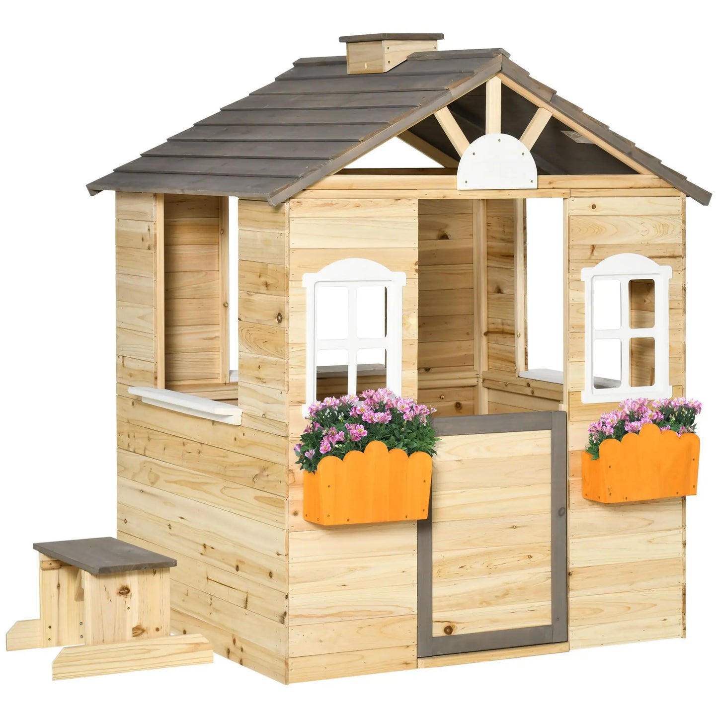 Kids Outdoor Wooden Playhouse, Garden Adventure Cottage, Door, Service Station, Flower Pot Holder Good Vibrations