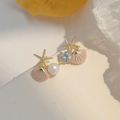 Fashion Asymmetric Ocean Style Earrings Stud  For Women Starfish Shell Earring Ear Ring Imitation Pearl Zircon Jewelry Gift Good Vibrations