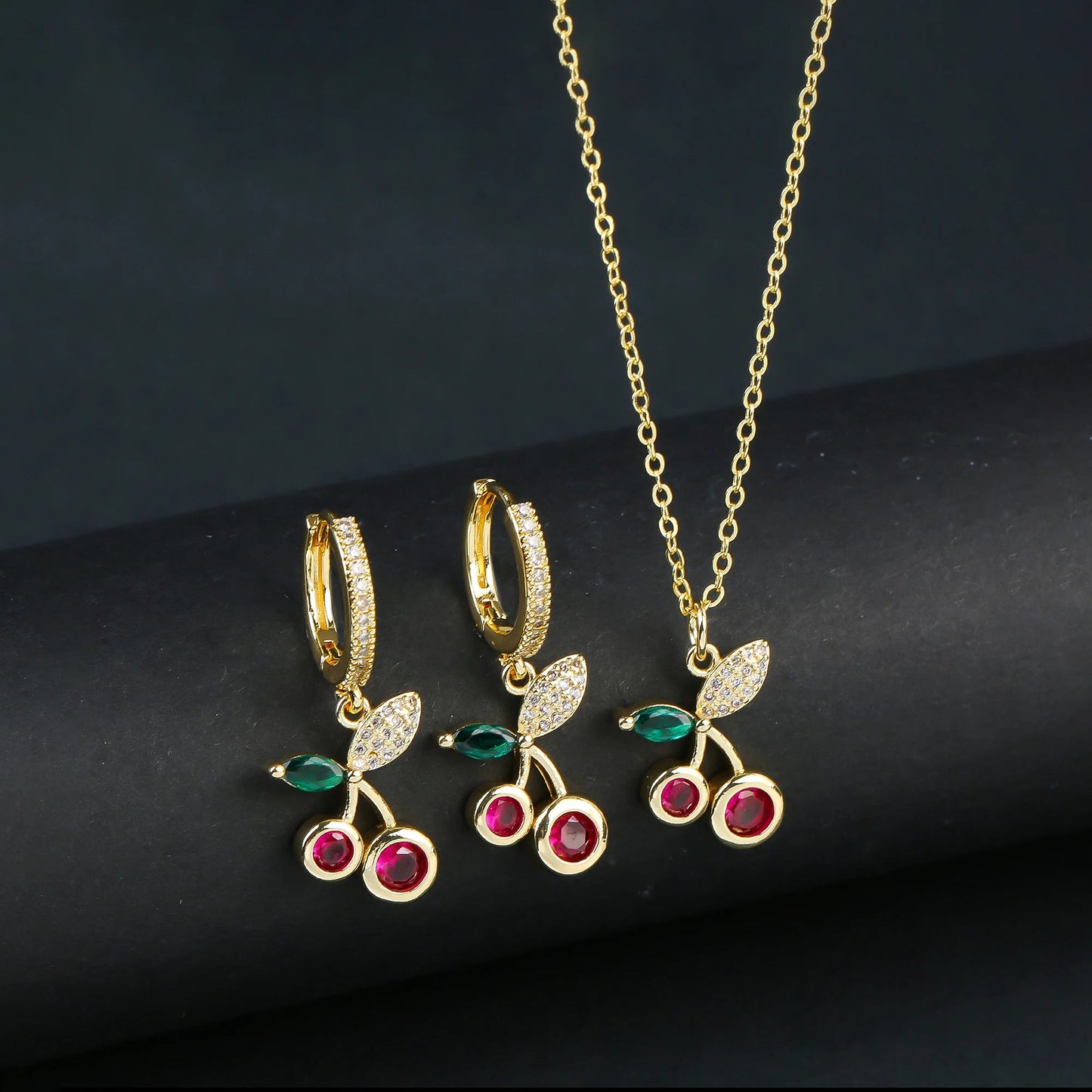 Light Luxury Crystal Zirconia Red Cherry Jewelry Set Earrings Necklace for Women Girls Sweet Jewelry Accessories Party Gifts Good Vibrations Adult Super Store