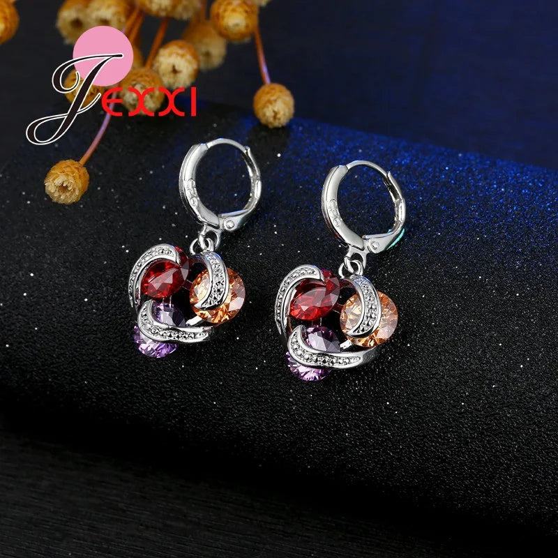 Colorful Crystal Jewelry Set for Female Girls 925 Sterling Silver Pendant Necklaces Earrings Set Women Wedding Accessorie Good Vibrations Adult Super Store