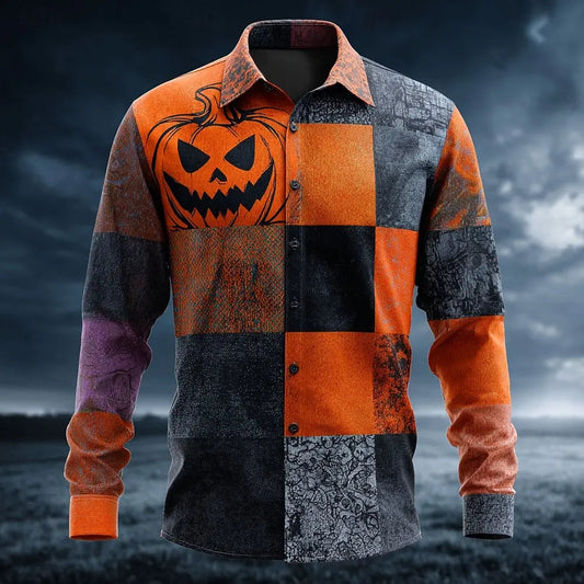 Halloween Costumes Men's Color Block Pumpkin Patchwork Shirt Button Up Shirt Long Sleeve Casual Outdoor 3D Print Collared Shirt Good Vibrations