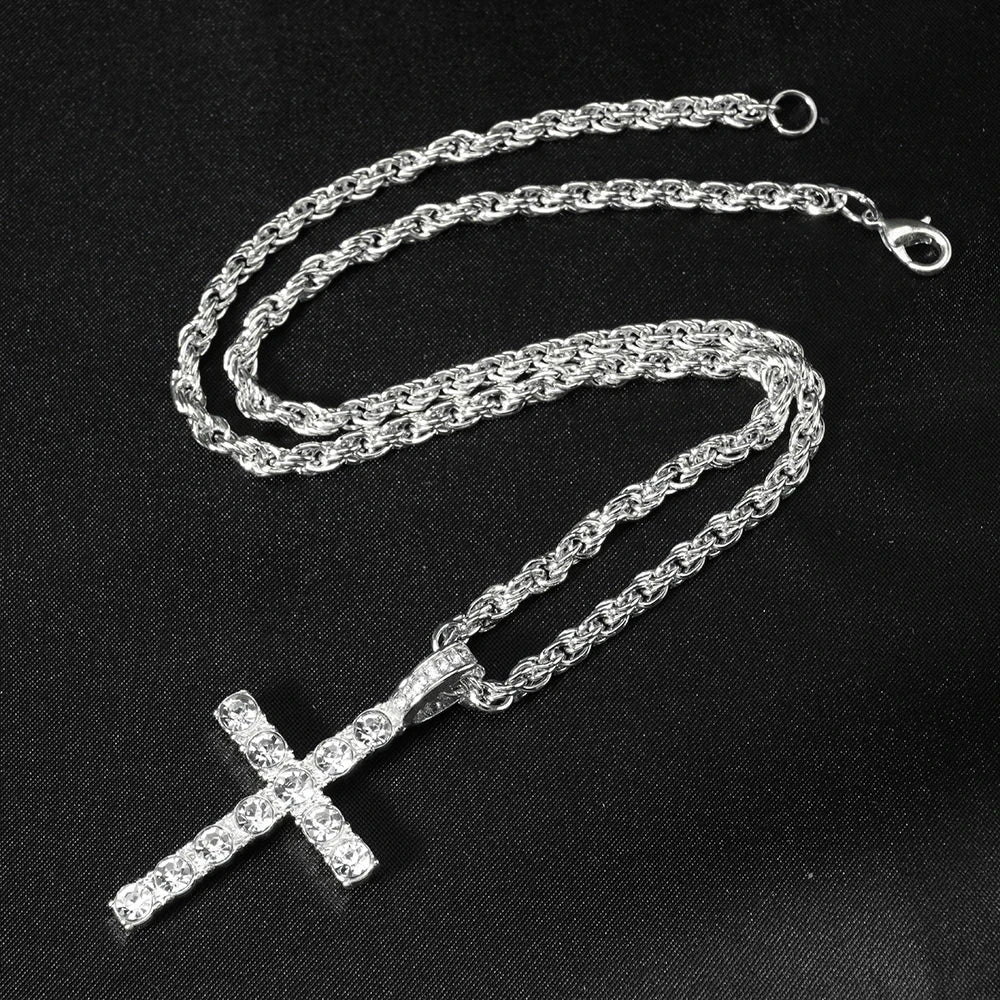 Hip Hop Iced Out Cross Pendant Necklace Strap 4mm Zircon Tennis Chain Men Women Sparkling Necklace Punk Jewelry Fashion Gift Good Vibrations