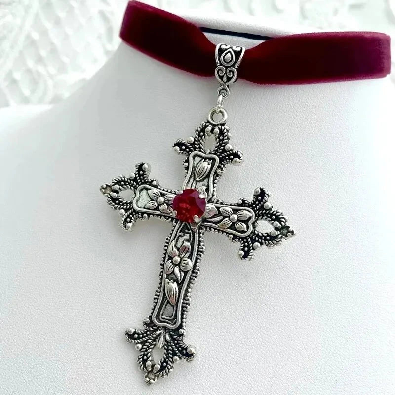 A Classic Gothic Large Cross Shaped Black Velvet Necklace Prepared for Her, Gorgeous Cross Shaped Black Velvet Necklace Good Vibrations