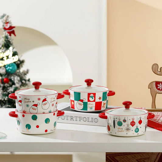 Christmas Ceramic Tableware Ramen Bowl with Glass Lid Cute Cartoon Ceramic Soup Bowl Dormitory Student Salad Noodle Bowl Gifts Good Vibrations