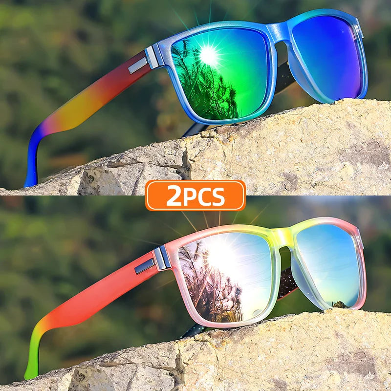 2pcs Classic Square Frame Sunglasses, Gradient Color, Full Rim, Polycarbonate Frame, TAC Lens, Polarizer, Sports Style Good Vibrations