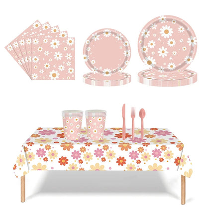 24pcs 7/9inch Pink Daisy Theme Disposable Tableware Flower Plate Napkin Straws Banner Birthday Party Baby Shower Wedding Decor Good Vibrations