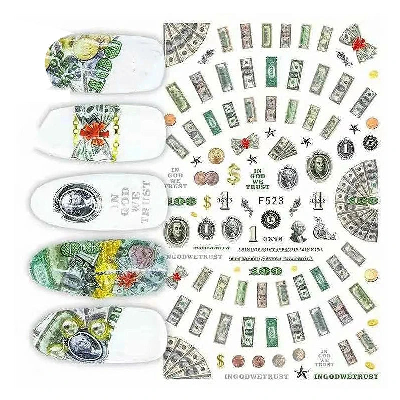 3D Money Dollar Sign Design Nail Art Sticker Decals Self Adhesive Manicure Tips Wraps Decoration Sliders for Nails Good Vibrations