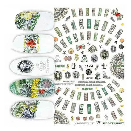 3D Money Dollar Sign Design Nail Art Sticker Decals Self Adhesive Manicure Tips Wraps Decoration Sliders for Nails Good Vibrations