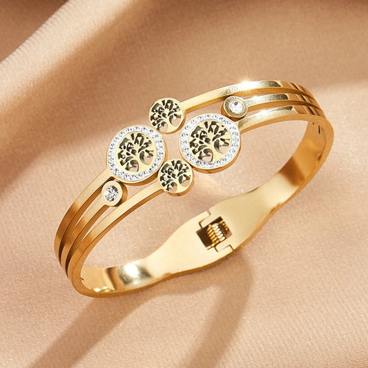 Round stainless steel spring bracelet, gold-plated tree of life bracelet, luxury crystal zircon, women's bracelet, wedding wear Good Vibrations