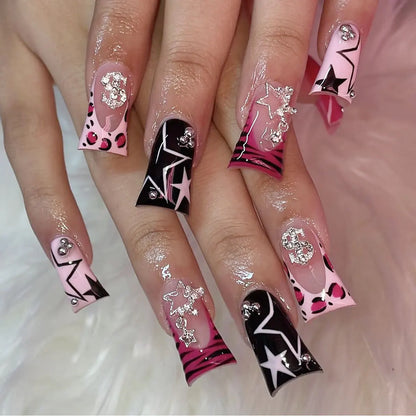 Rose Pink Long Coffin Fake Nails French Style Leopard Star Printed Press on Nails Y2K Girls Charms Manicure Black False Nails Good Vibrations