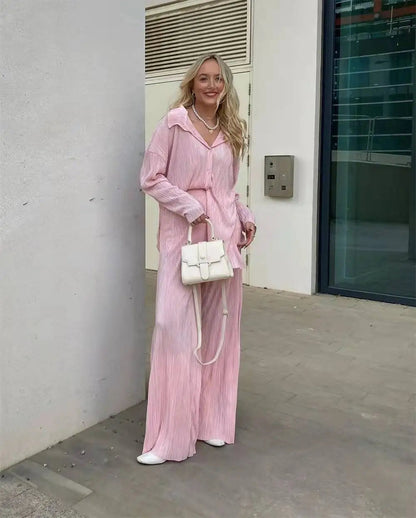 New Two Piece Set Women Outfits Pleated Women's Elegant  Drape Loose Sets Shirt High Waist Trousers Female Suit Fashion Casual Good Vibrations