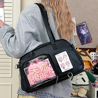 Anime Japanese Kawaii Shoulder Bag Women Clear Transparent Itabag PU Leather Handbags Student Ita Bag JK Uniform Tote Bag Good Vibrations