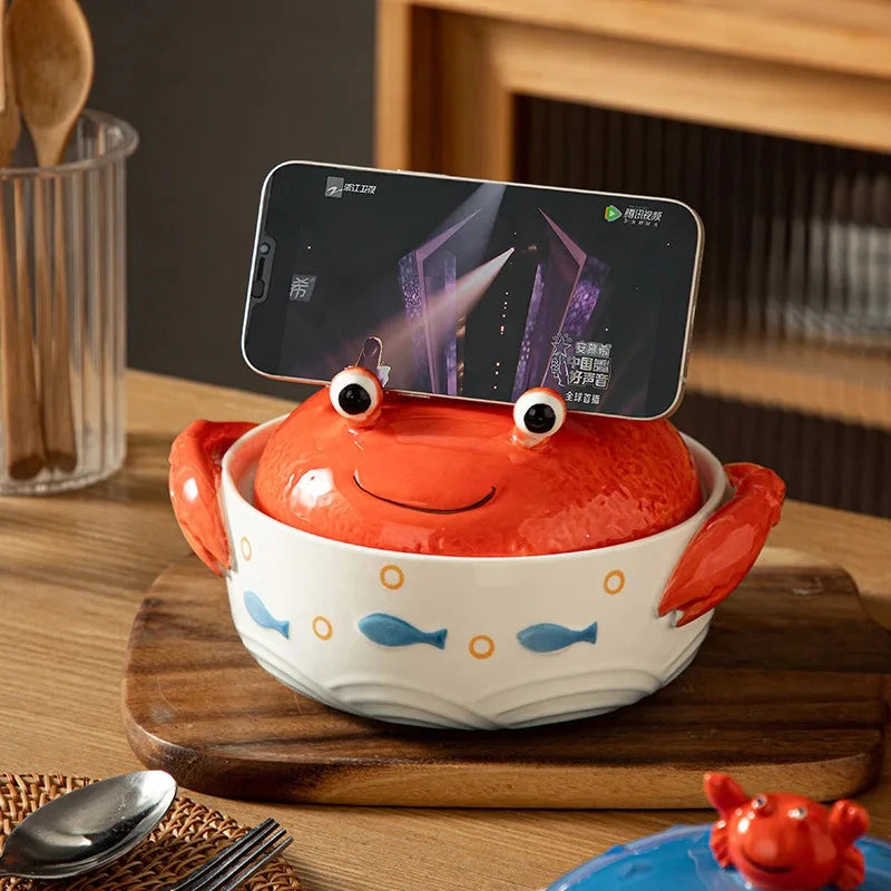 Creative Ocean Tableware Crab Globefish Shape Ceramic Ramen Bowls Phone Holder Two Handles Soup Bowls Good Vibrations
