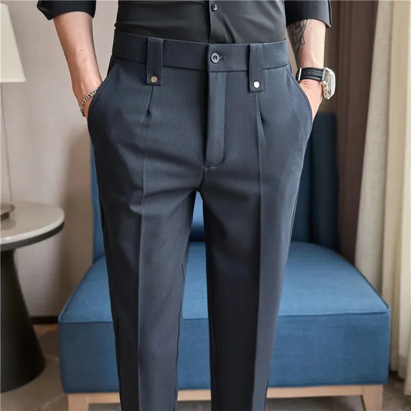 Mens Suit Pants 2025 Autumn New British Style Elastic Waist Solid Casual Formal Dress Pants Slim Fit Trousers for Men Clothing Good Vibrations