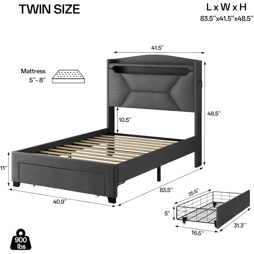 Frames with Storage Headboard, Upholstered Twin Size Bed Frame with Drawers, Charging Station and LED Good Vibrations