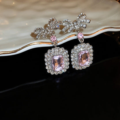 Inlaid Rhinestone Necklace Earrings Two Pcs Set Zircon Square Bow Jewelry Sets Light Luxury Fashion High Sense Accessories Gifts Good Vibrations Adult Super Store