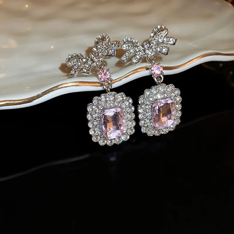 Inlaid Rhinestone Necklace Earrings Two Pcs Set Zircon Square Bow Jewelry Sets Light Luxury Fashion High Sense Accessories Gifts Good Vibrations Adult Super Store