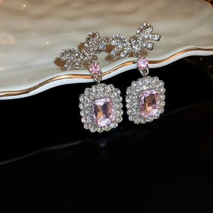 Inlaid Rhinestone Necklace Earrings Two Pcs Set Zircon Square Bow Jewelry Sets Light Luxury Fashion High Sense Accessories Gifts Good Vibrations Adult Super Store