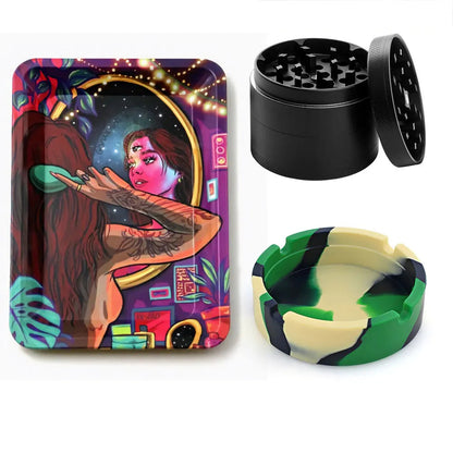 18cmx12.5cm Herb Tobacco Rolling Tray Set Silicone Ashtray Ash Tray 40mm Metal Herbal Grinder Kit Smoking Accessories Good Vibrations Adult Super Store