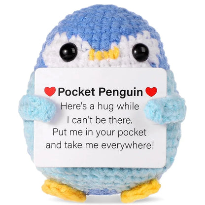 Funny Positive Energy Penguin Hug Pocket Doll Mini Handmade Plush Knitted Penguin Ornament Home Room Decoration Christams Gift Good Vibrations