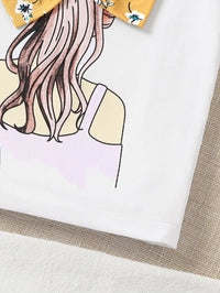 Girls Summer 2-Piece Set Cartoon Print T-Shirt & Floral Straight Leg Pants Breathable Kids Clothing Casual Outfit Fashion Good Vibrations