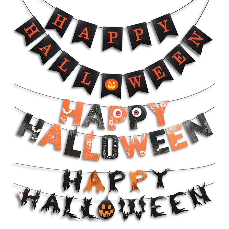 Halloween Party Paper Garland Bat Pumpkin Banner 2025 Happy Halloween Party Decoration for Home Trick or Treat Hanging Pendants Good Vibrations