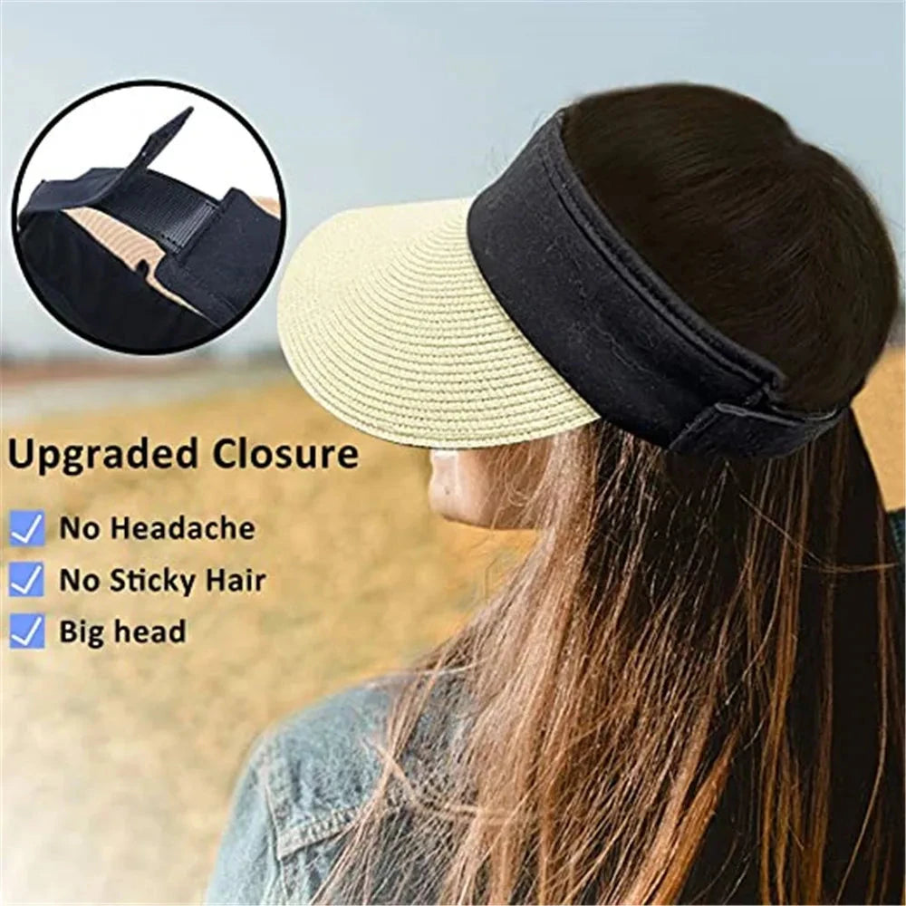 Foldable Portable Beach Hat Wide Brim Sun Hat Roll-up Summer Casual Straw Cap Visors For Women Good Vibrations