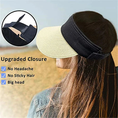 Foldable Portable Beach Hat Wide Brim Sun Hat Roll-up Summer Casual Straw Cap Visors For Women Good Vibrations