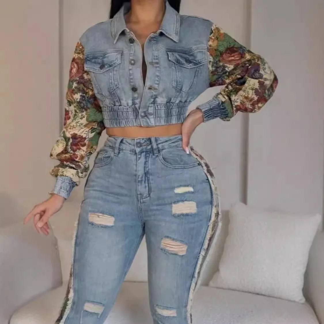 Jeans Suit Women Denim Two Piece Set Short Coat Pants Outfits Hole Trousers Flower Print Turn Down Collar Autumn 2025 Y2k Good Vibrations
